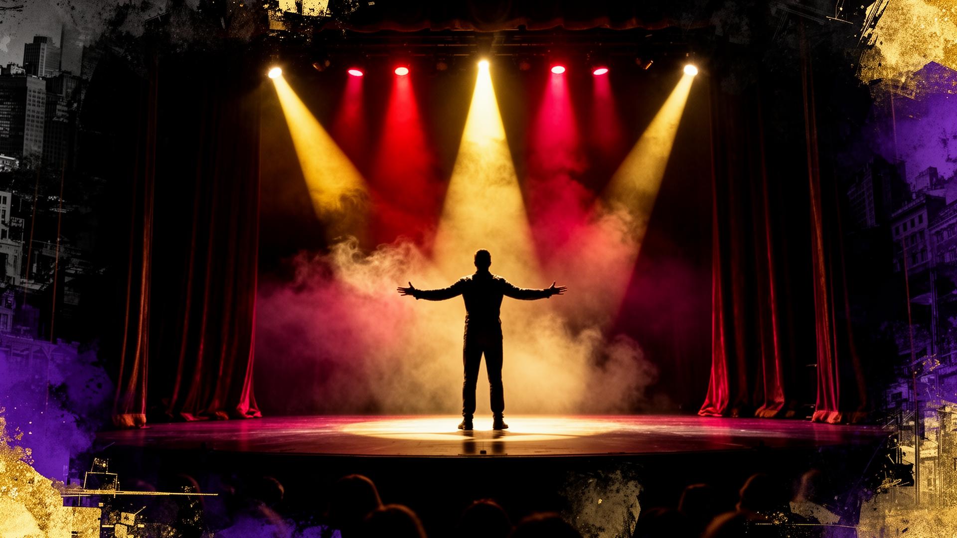 Palco com holofotes dourados e cortinas vermelhas